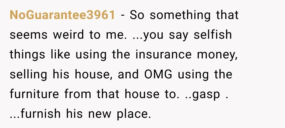 NoGuarantee3961 - So something that seems weird to me. ...you say selfish things like using the insurance money, selling his house, and OMG using the furniture from that house to....