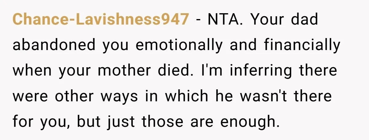 Chance-Lavishness947 - NTA. Your dad abandoned you emotionally and financially when your mother died. I'm inferring there were other ways in which he wasn't there for you, but just those...