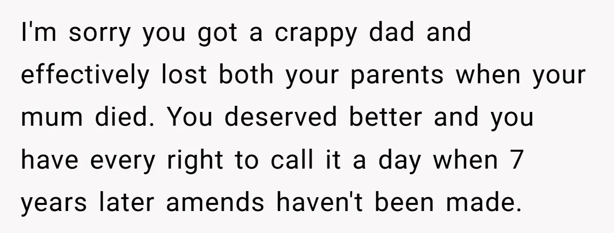 I'm sorry you got a crappy dad and effectively lost both your parents when your mum died. You deserved better and you have every right to call it a day...