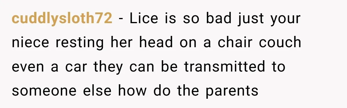 cuddlysloth72 − Lice is so bad just your niece resting her head on a chair couch even a car they can be transmitted to someone else how do the parents