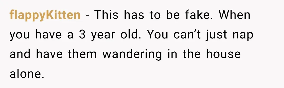 flappyKitten − This has to be fake. When you have a 3 year old. You can’t just nap and have them wandering in the house alone.