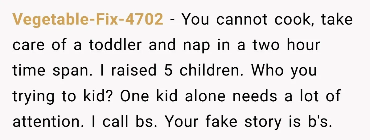 Vegetable-Fix-4702 − You cannot cook, take care of a toddler and nap in a two hour time span. I raised 5 children. Who you trying to kid? One kid alone...