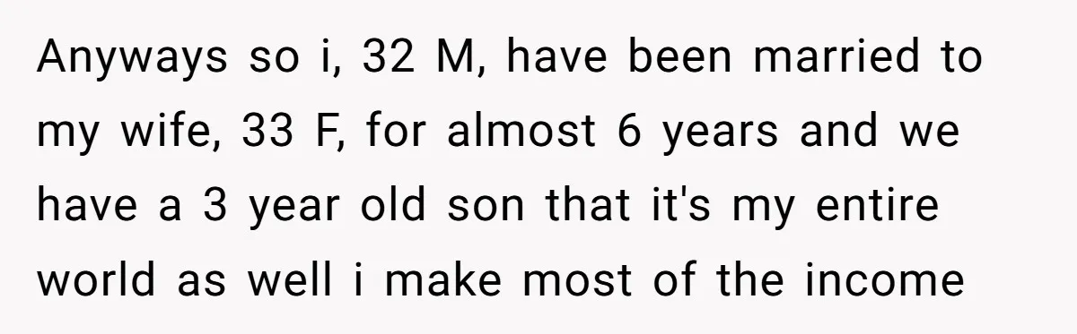 Anyways so i, 32 M, have been married to my wife, 33 F, for almost 6 years and we have a 3 year old son that it's my entire world...
