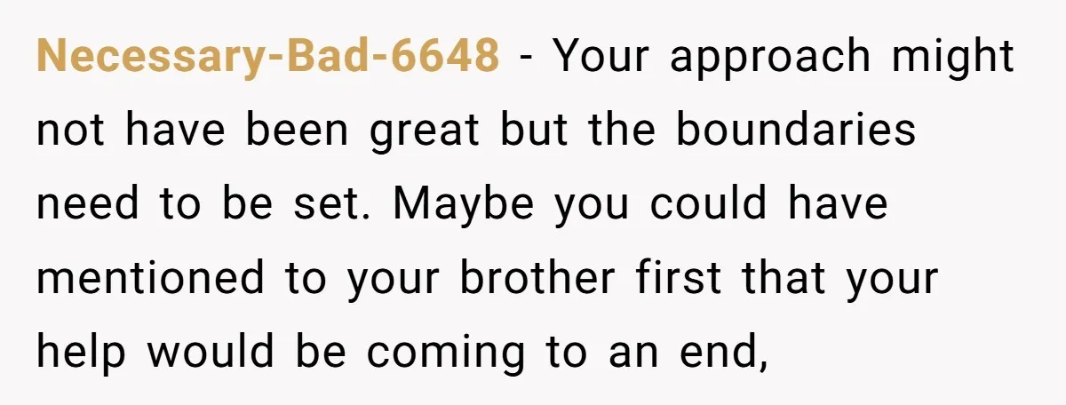 Necessary-Bad-6648 − Your approach might not have been great but the boundaries need to be set. Maybe you could have mentioned to your brother first that your help would be...