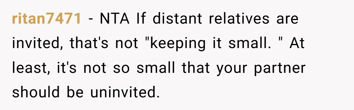 ritan7471 − NTA If distant relatives are invited, that's not "keeping it small. " At least, it's not so small that your partner should be uninvited.