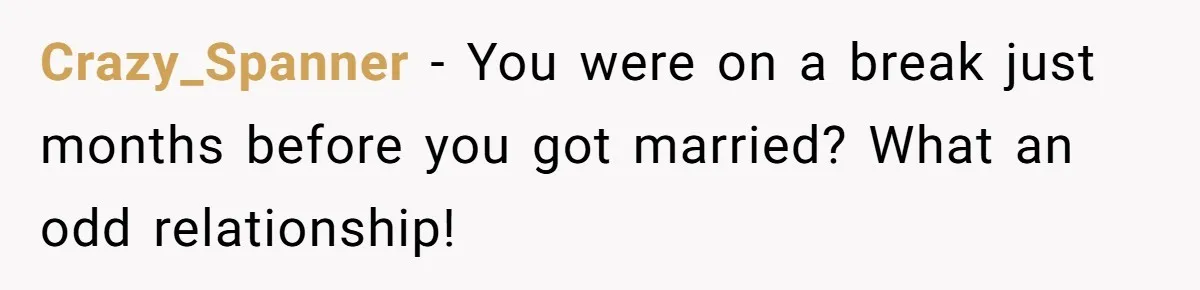 Crazy_Spanner - You were on a break just months before you got married? What an odd relationship!