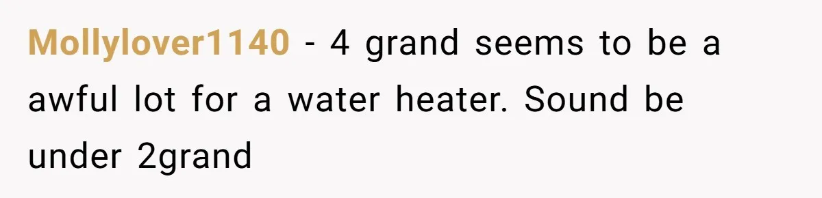 Mollylover1140 − 4 grand seems to be a awful lot for a water heater. Sound be under 2grand