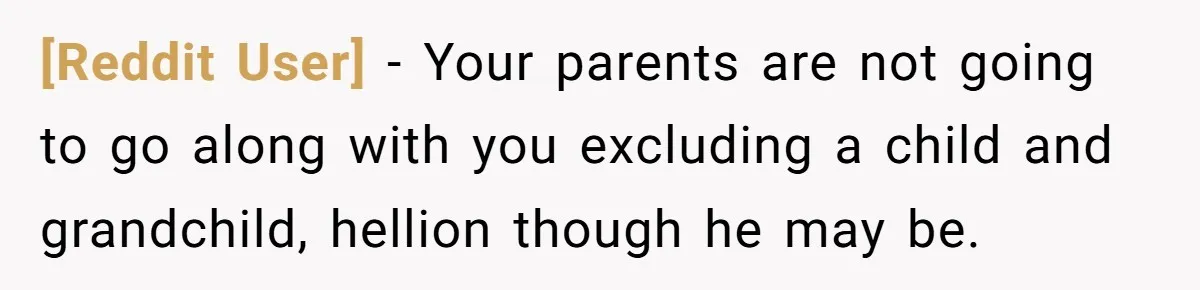 [Reddit User] − Your parents are not going to go along with you excluding a child and grandchild, hellion though he may be.