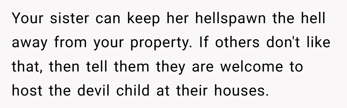 Your sister can keep her hellspawn the hell away from your property. If others don't like that, then tell them they are welcome to host the devil child at their...