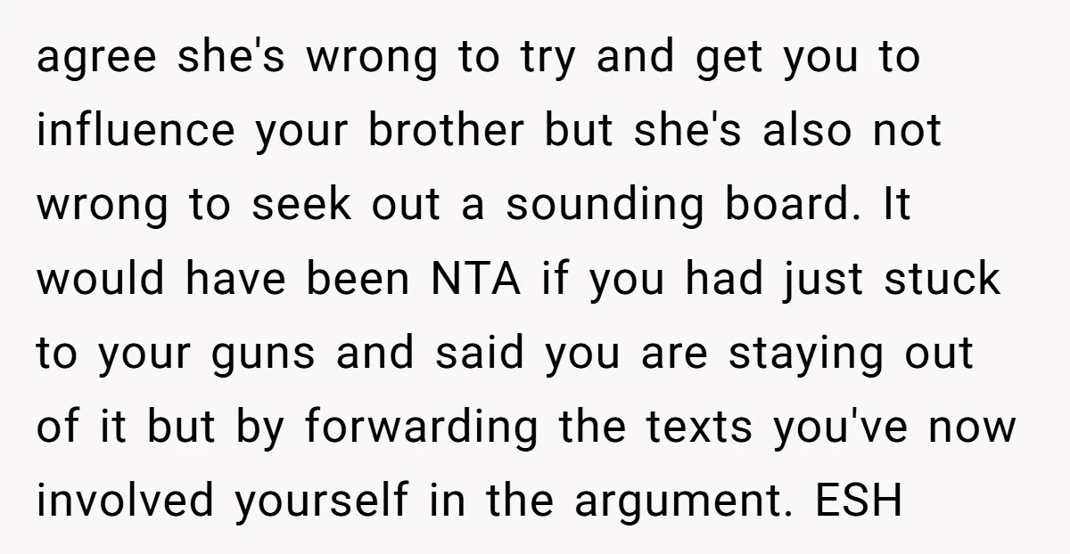 agree she's wrong to try and get you to influence your brother but she's also not wrong to seek out a sounding board. It would have been NTA if you...