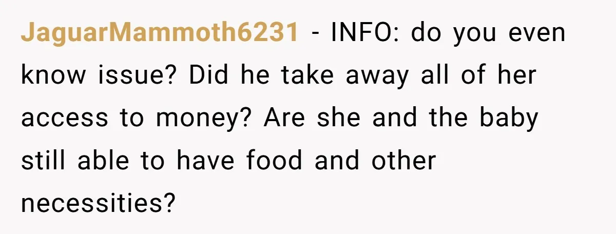JaguarMammoth6231 - INFO: do you even know issue? Did he take away all of her access to money? Are she and the baby still able to have food and other...