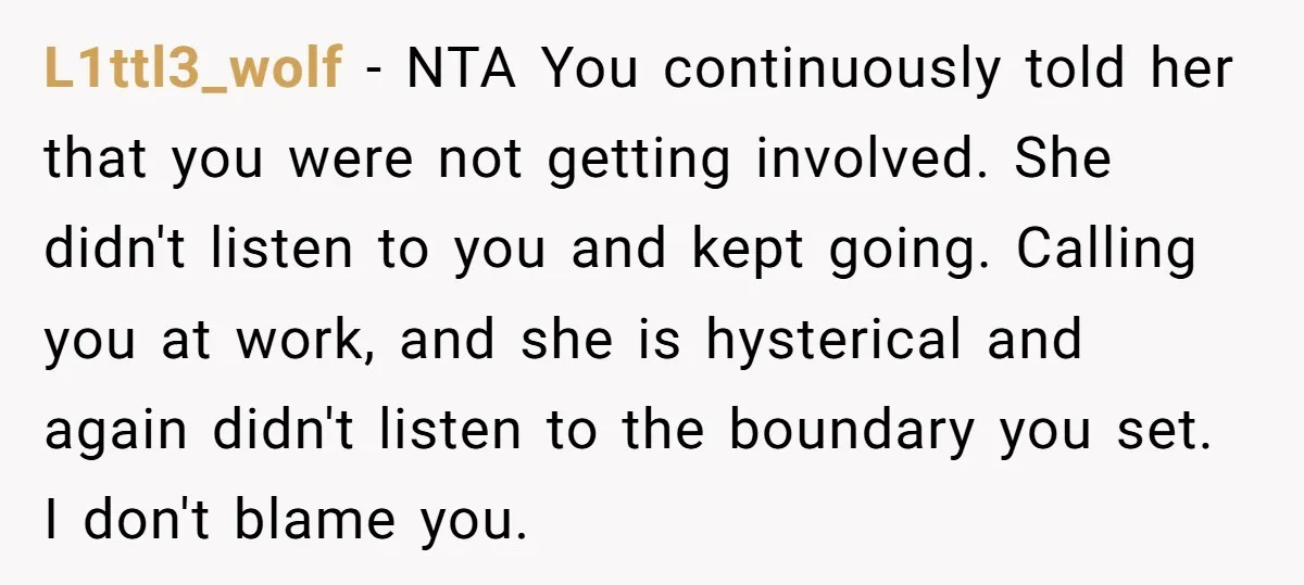 L1ttl3_wolf - NTA You continuously told her that you were not getting involved. She didn't listen to you and kept going. Calling you at work, and she is hysterical and...