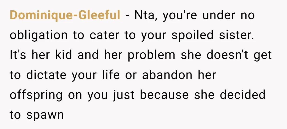 Dominique-Gleeful − Nta, you're under no obligation to cater to your spoiled sister. It's her kid and her problem she doesn't get to dictate your life or abandon her offspring...