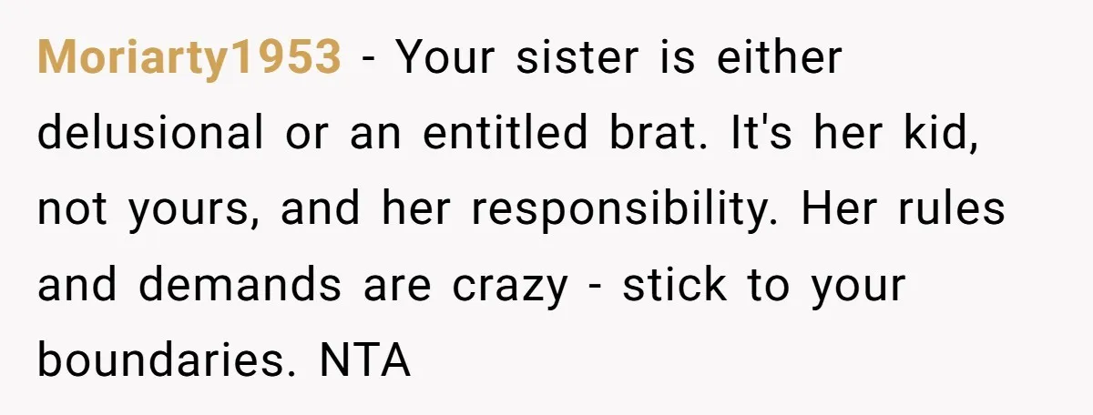 Moriarty1953 − Your sister is either delusional or an entitled brat. It's her kid, not yours, and her responsibility. Her rules and demands are crazy - stick to your boundaries....