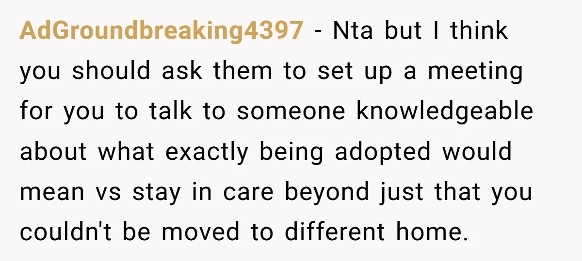 AdGroundbreaking4397 - Nta but I think you should ask them to set up a meeting for you to talk to someone knowledgeable about what exactly being adopted would mean vs...