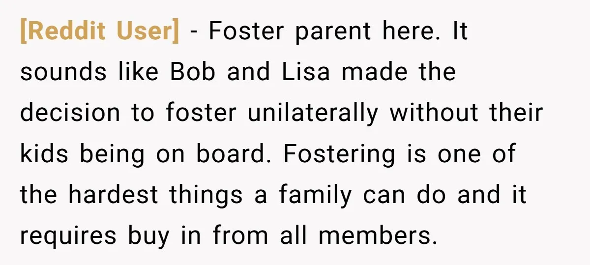 [Reddit User] - Foster parent here. It sounds like Bob and Lisa made the decision to foster unilaterally without their kids being on board. Fostering is one of the hardest...