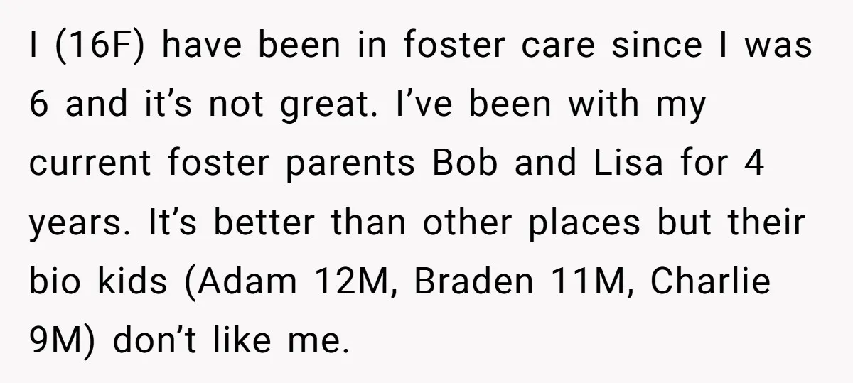 I (16F) have been in foster care since I was 6 and it’s not great. I’ve been with my current foster parents Bob and Lisa for 4 years. It’s better...