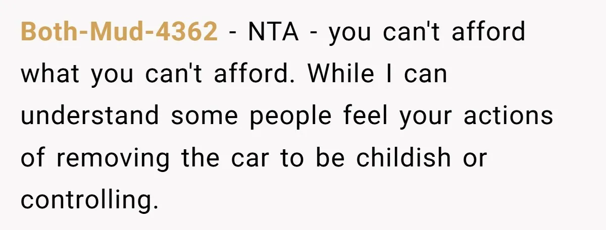 Both-Mud-4362 − NTA - you can't afford what you can't afford. While I can understand some people feel your actions of removing the car to be childish or controlling.