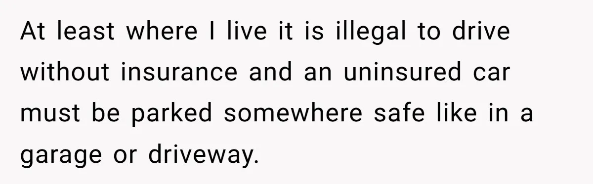 At least where I live it is illegal to drive without insurance and an uninsured car must be parked somewhere safe like in a garage or driveway.
