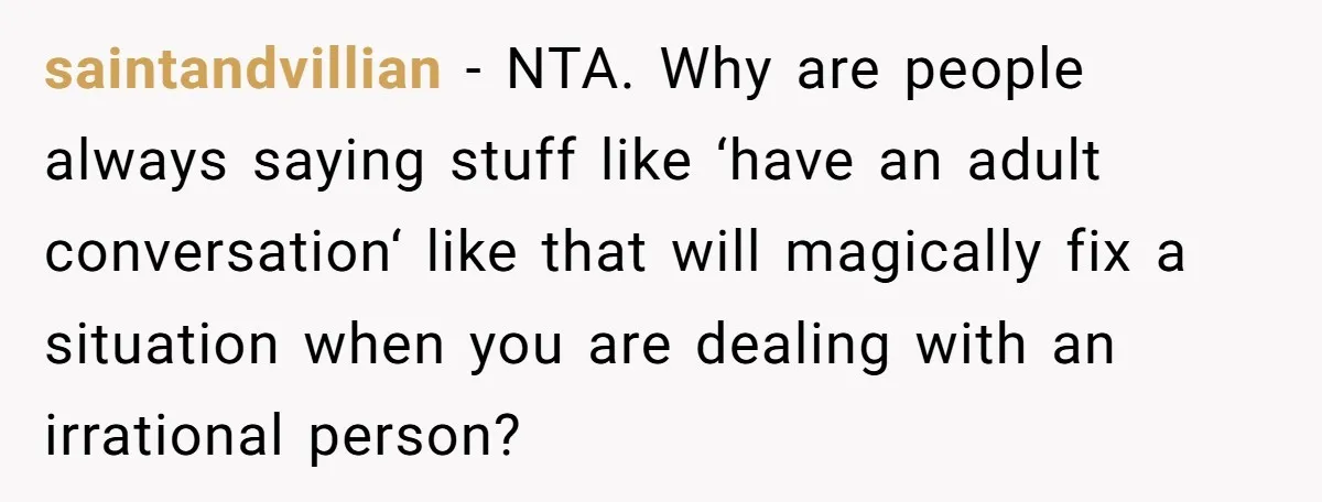 saintandvillian − NTA. Why are people always saying stuff like ‘have an adult conversation‘ like that will magically fix a situation when you are dealing with an irrational person?