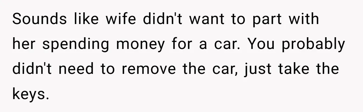 Sounds like wife didn't want to part with her spending money for a car. You probably didn't need to remove the car, just take the keys.