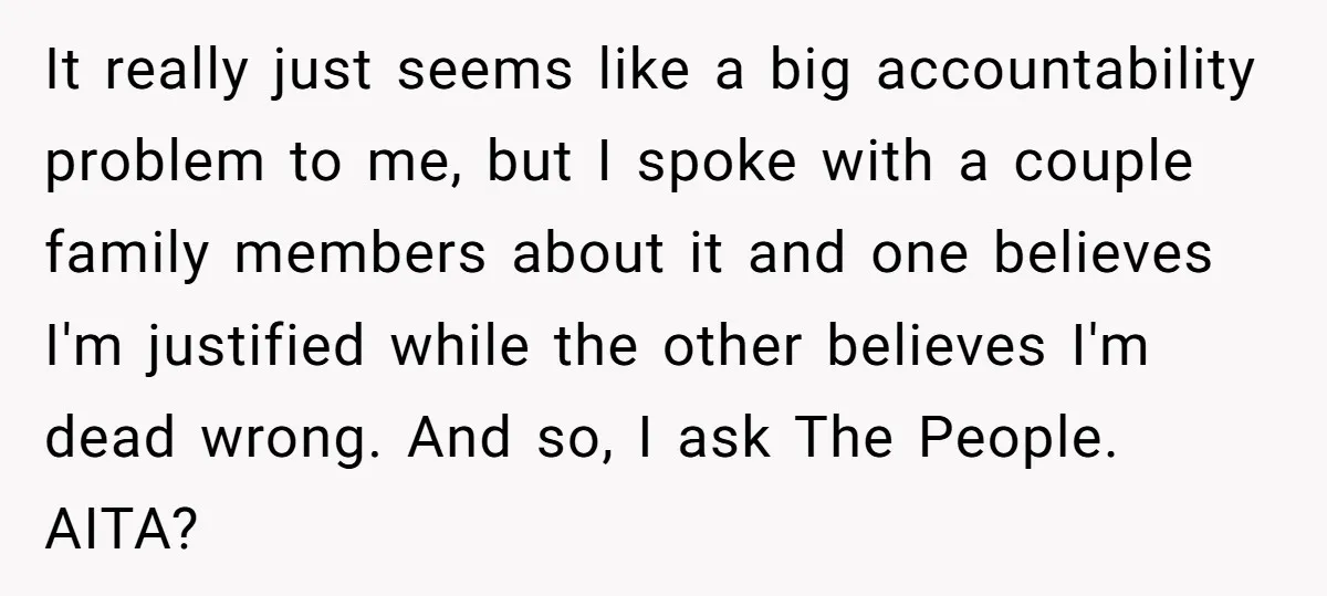 It really just seems like a big accountability problem to me, but I spoke with a couple family members about it and one believes I'm justified while the other believes...