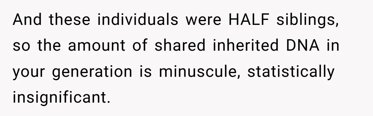 And these individuals were HALF siblings, so the amount of shared inherited DNA in your generation is minuscule, statistically insignificant.