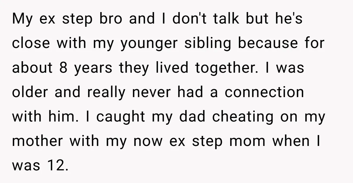 My ex step bro and I don't talk but he's close with my younger sibling because for about 8 years they lived together. I was older and really never had...