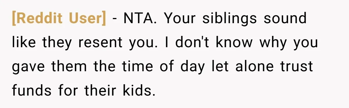 [Reddit User] - NTA. Your siblings sound like they resent you. I don't know why you gave them the time of day let alone trust funds for their kids.