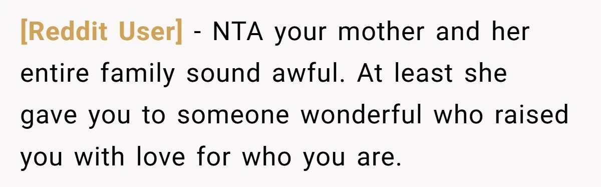 [Reddit User] - NTA your mother and her entire family sound awful. At least she gave you to someone wonderful who raised you with love for who you are.