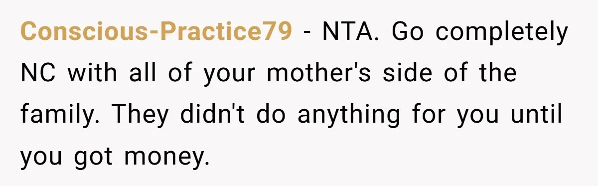 Conscious-Practice79 - NTA. Go completely NC with all of your mother's side of the family. They didn't do anything for you until you got money.