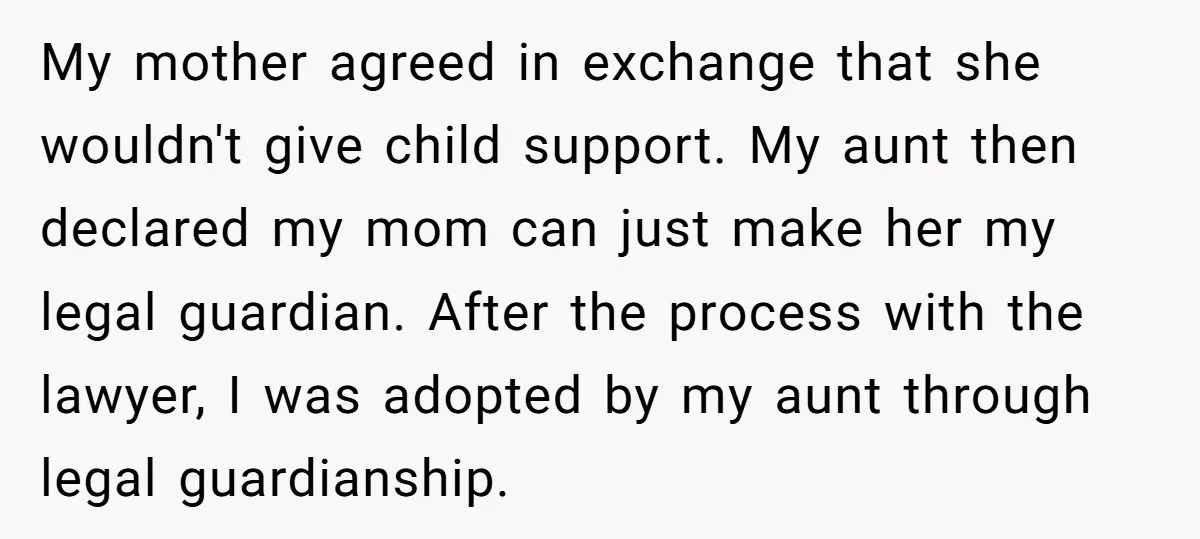 My mother agreed in exchange that she wouldn't give child support. My aunt then declared my mom can just make her my legal guardian. After the process with the lawyer,...