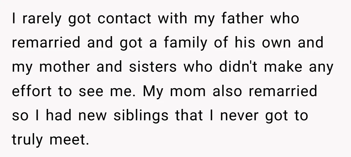 I rarely got contact with my father who remarried and got a family of his own and my mother and sisters who didn't make any effort to see me. My...