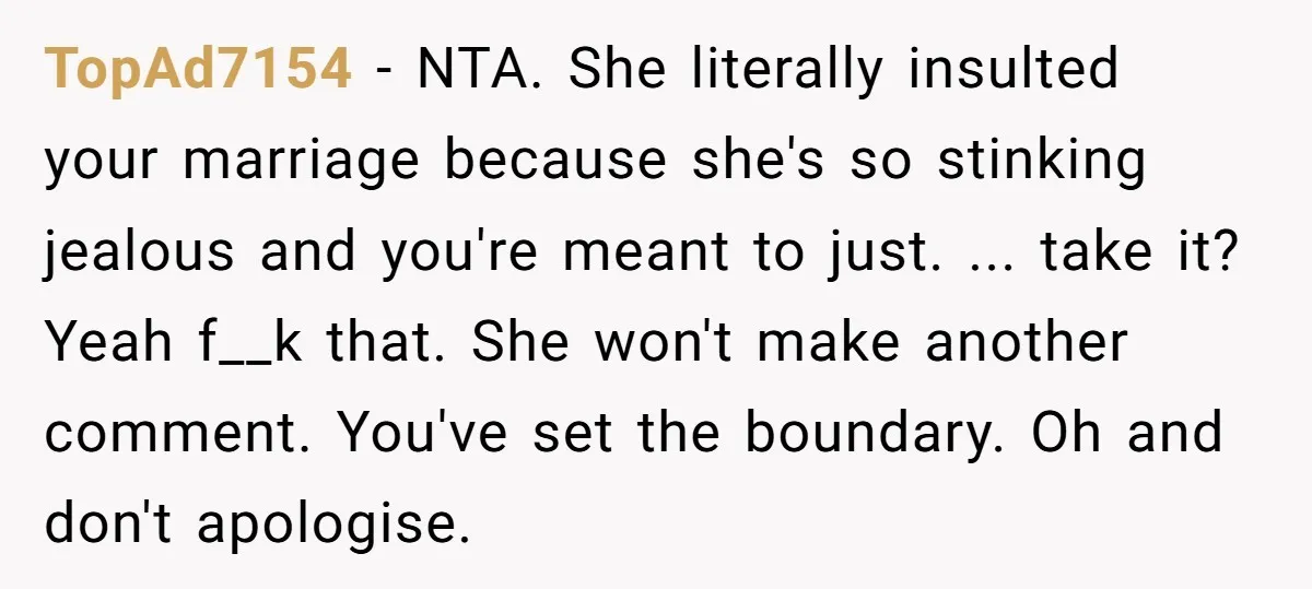 TopAd7154 − NTA. She literally insulted your marriage because she's so stinking jealous and you're meant to just. ... take it? Yeah f__k that. She won't make another comment. You've...