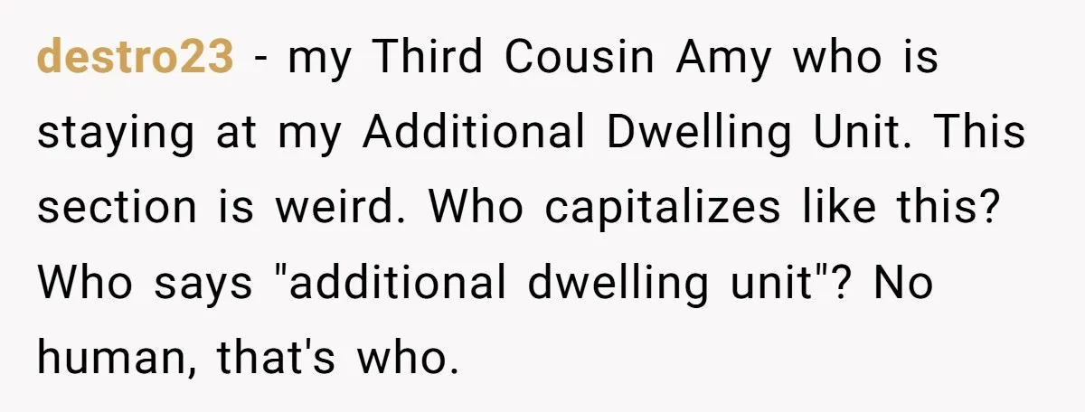 destro23 - my Third Cousin Amy who is staying at my Additional Dwelling Unit. This section is weird. Who capitalizes like this? Who says "additional dwelling unit"? No human, that's...