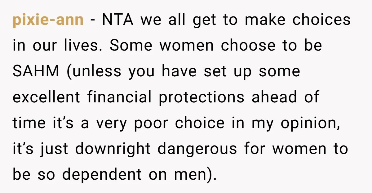 pixie-ann - NTA we all get to make choices in our lives. Some women choose to be SAHM (unless you have set up some excellent financial protections ahead of time...