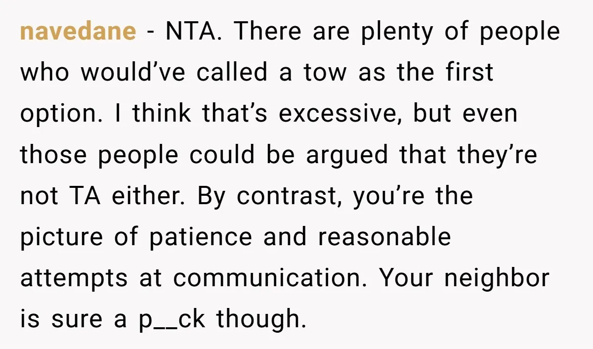 navedane - NTA. There are plenty of people who would’ve called a tow as the first option. I think that’s excessive, but even those people could be argued that they’re...