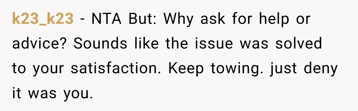 k23_k23 - NTA But: Why ask for help or advice? Sounds like the issue was solved to your satisfaction. Keep towing. just deny it was you.