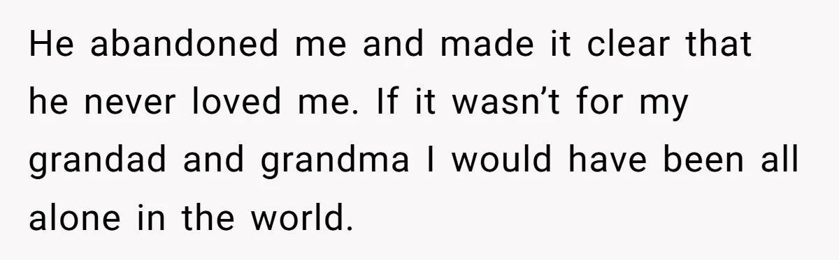 He abandoned me and made it clear that he never loved me. If it wasn’t for my grandad and grandma I would have been all alone in the world.