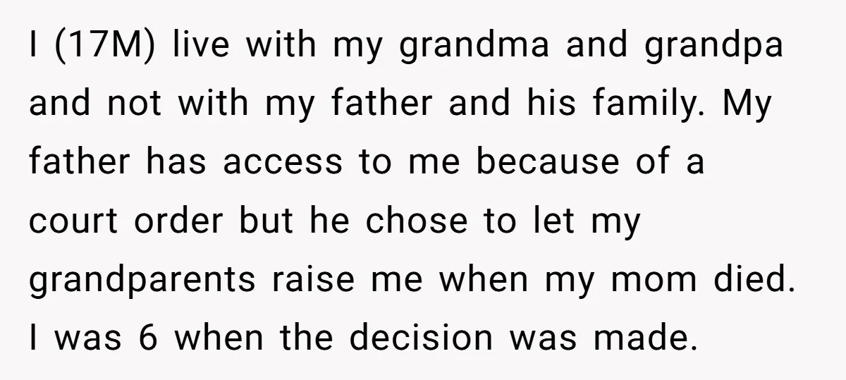 I (17M) live with my grandma and grandpa and not with my father and his family. My father has access to me because of a court order but he chose...