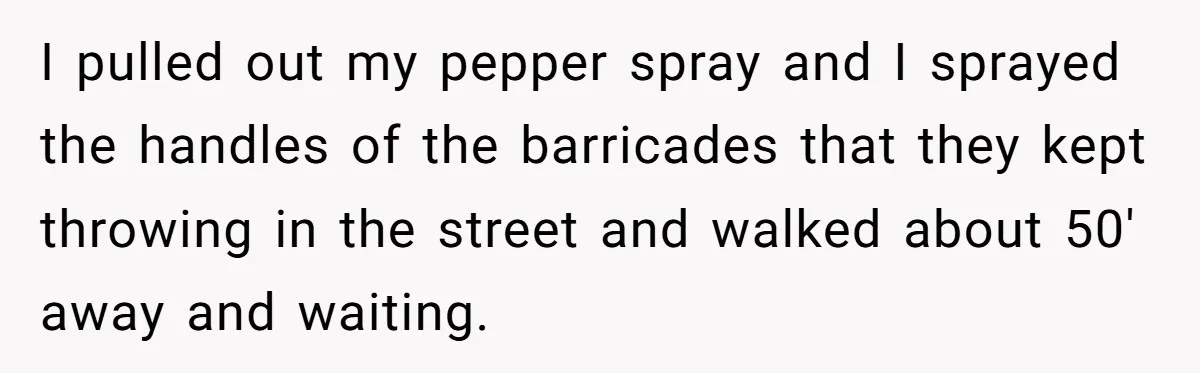 I pulled out my pepper spray and I sprayed the handles of the barricades that they kept throwing in the street and walked about 50' away and waiting.