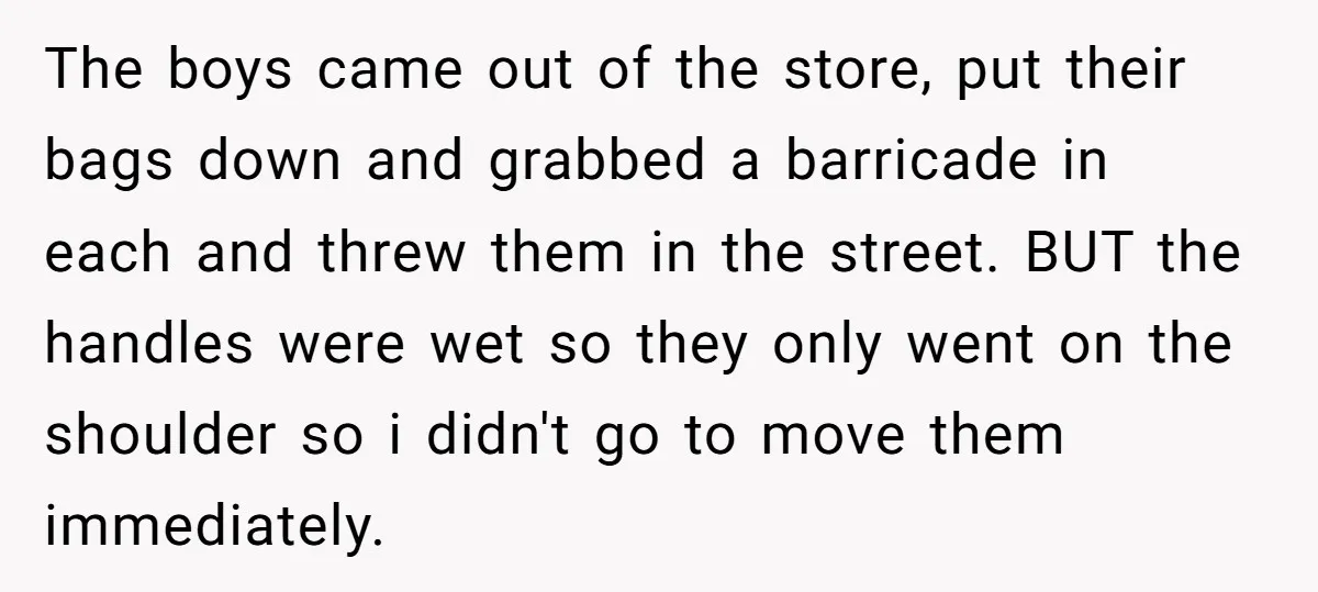 The boys came out of the store, put their bags down and grabbed a barricade in each and threw them in the street. BUT the handles were wet so they...
