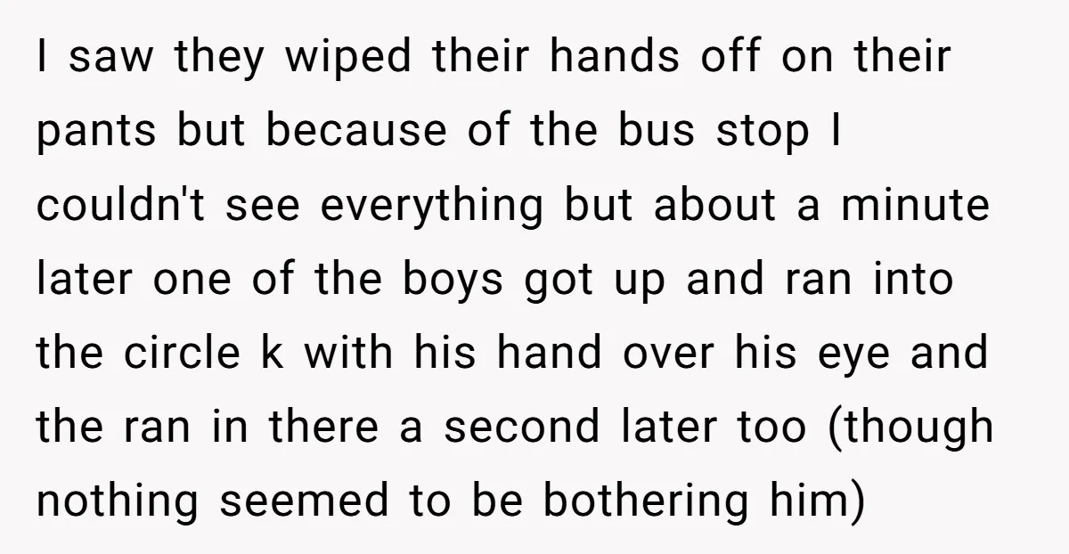 I saw they wiped their hands off on their pants but because of the bus stop I couldn't see everything but about a minute later one of the boys got...