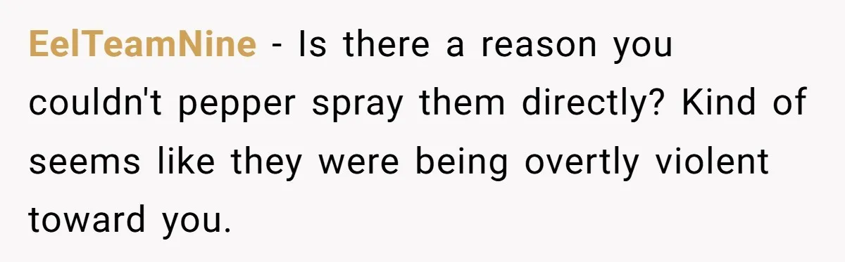 EelTeamNine − Is there a reason you couldn't pepper spray them directly? Kind of seems like they were being overtly violent toward you.