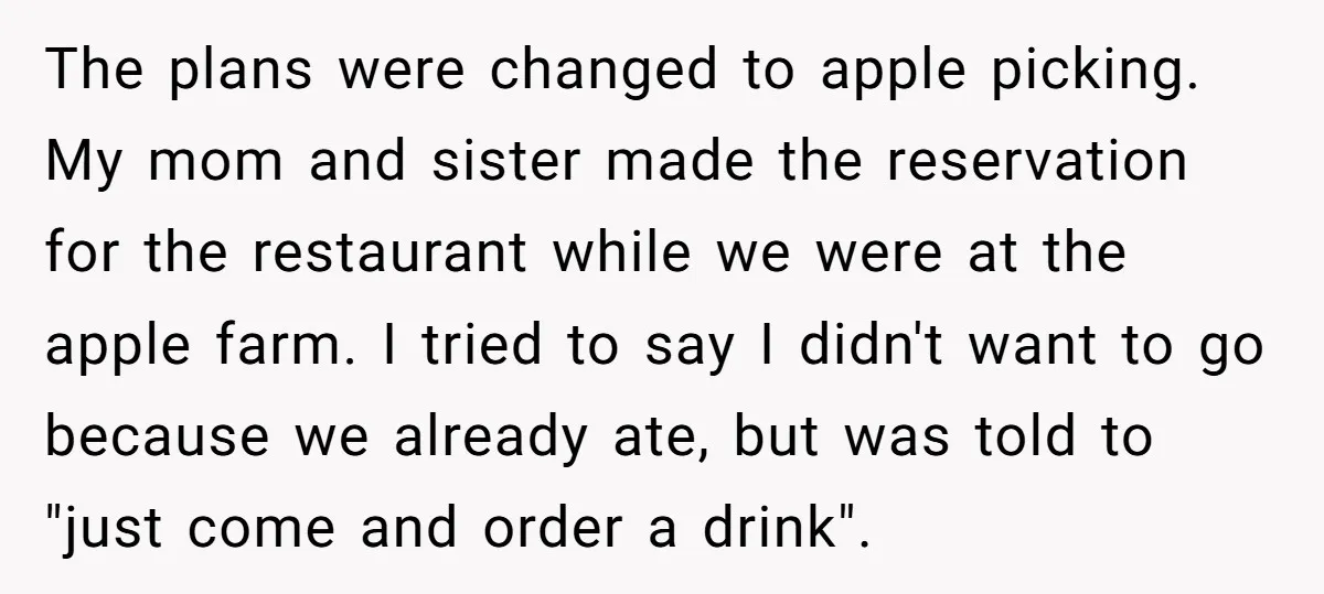 The plans were changed to apple picking. My mom and sister made the reservation for the restaurant while we were at the apple farm. I tried to say I didn't...