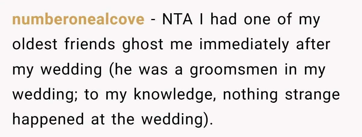 numberonealcove − NTA I had one of my oldest friends ghost me immediately after my wedding (he was a groomsmen in my wedding; to my knowledge, nothing strange happened at...