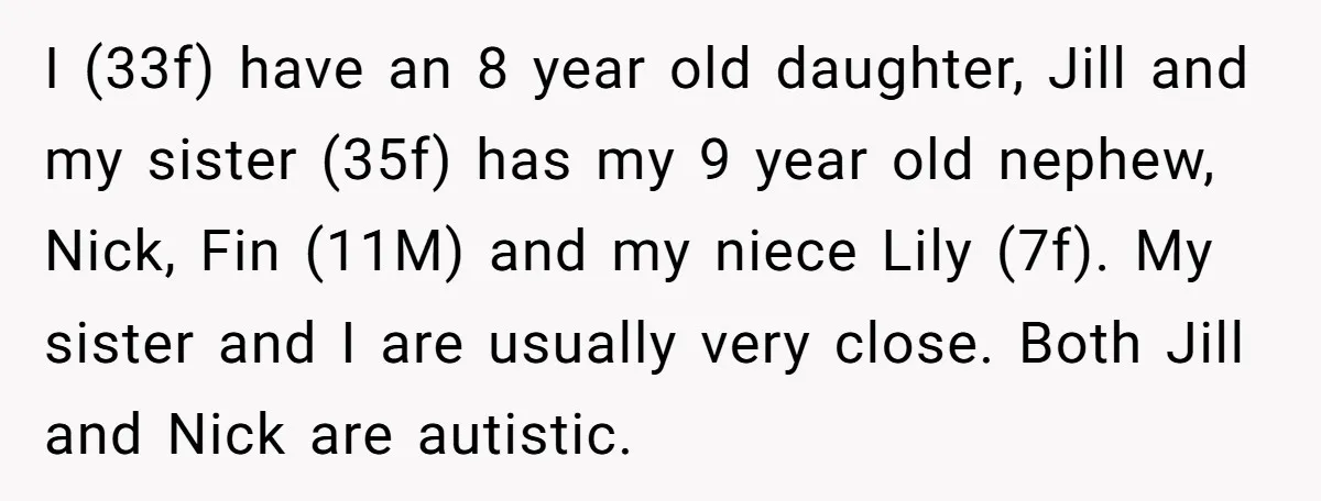 I (33f) have an 8 year old daughter, Jill and my sister (35f) has my 9 year old nephew, Nick, Fin (11M) and my niece Lily (7f). My sister and...