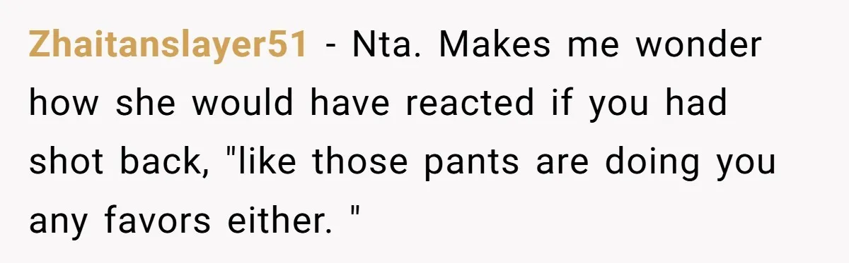 Zhaitanslayer51 - Nta. Makes me wonder how she would have reacted if you had shot back, "like those pants are doing you any favors either. "