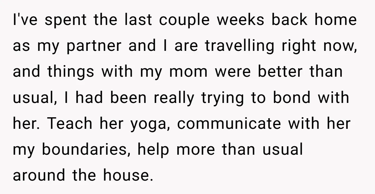 I've spent the last couple weeks back home as my partner and I are travelling right now, and things with my mom were better than usual, I had been really...