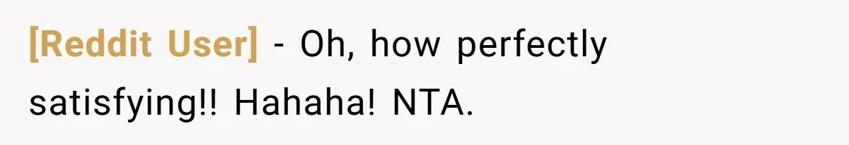 [Reddit User] − Oh, how perfectly satisfying!! Hahaha! NTA.